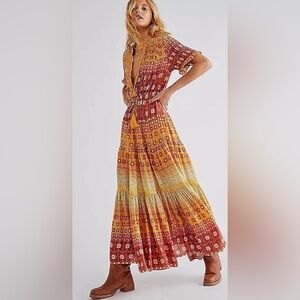 Free People Rare Feelings XS Maxi Dress Goldenrod Orange  Peasant Prairi…